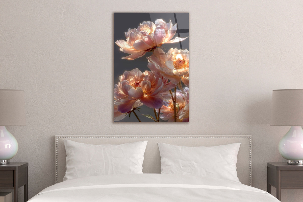 Glowing Peach Peonies Glass Wall Art in a modern interior