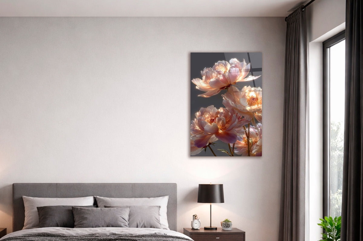 Glowing Peach Peonies Glass Wall Art on the wall