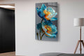 Turquoise and Gold Poppies Glass Wall Art in a living room interior