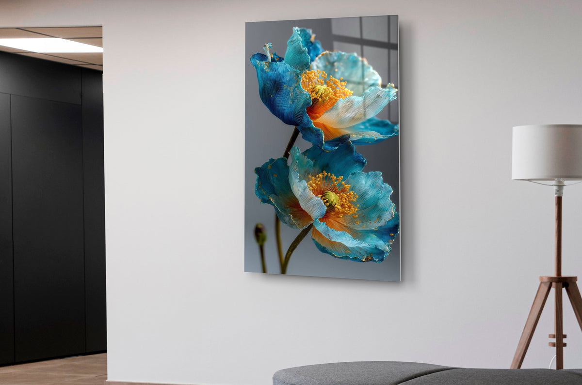 Turquoise and Gold Poppies Glass Wall Art in a living room interior