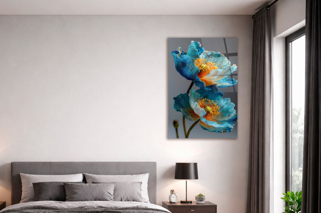 Turquoise and Gold Poppies Glass Wall Art in a modern interior
