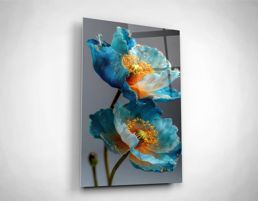 Turquoise and Gold Poppies Glass Wall Art close-up