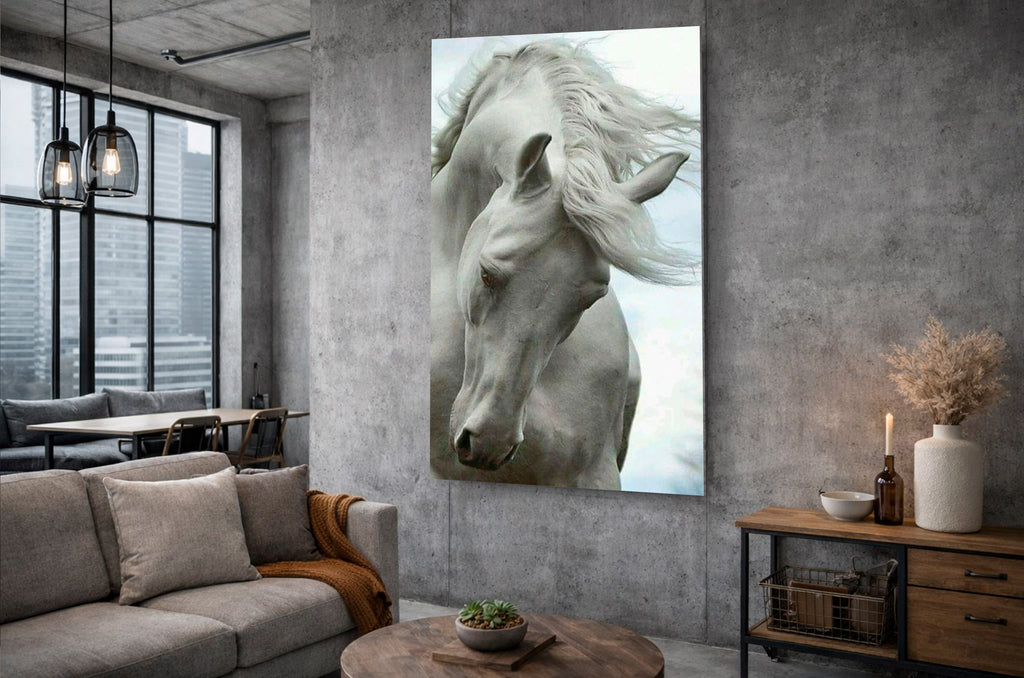 White Horse Flowing Mane Glass Wall Art in a living room interior