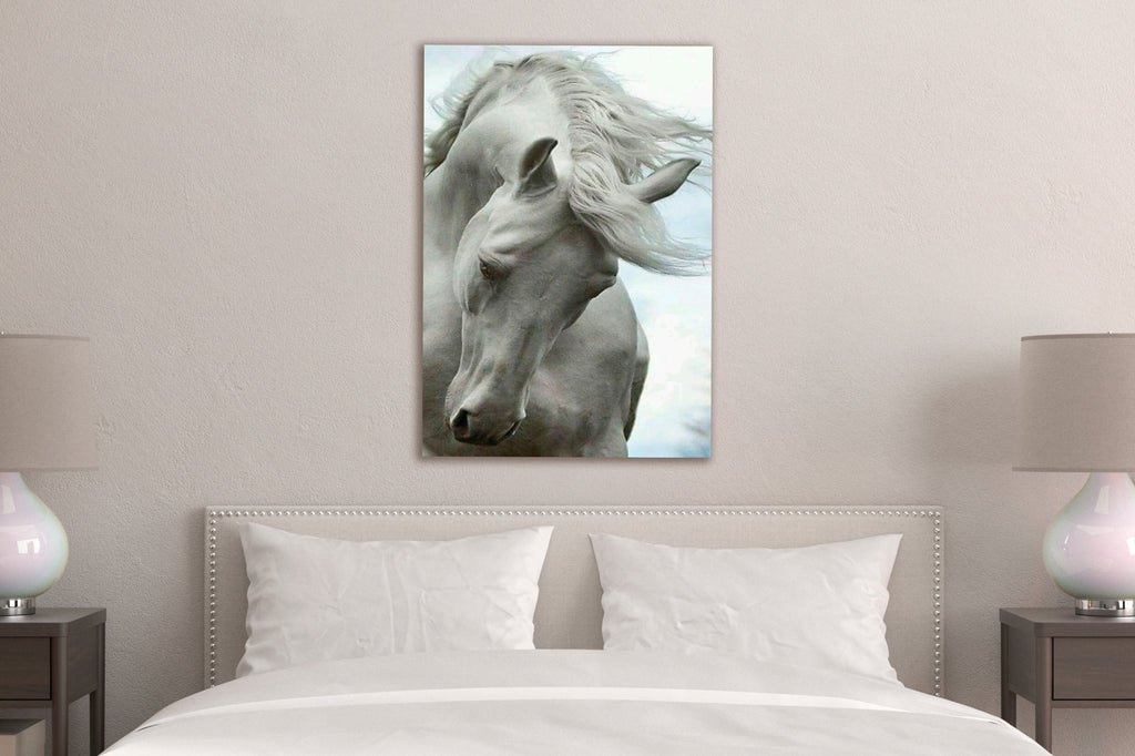 White Horse Flowing Mane Glass Wall Art in a modern interior