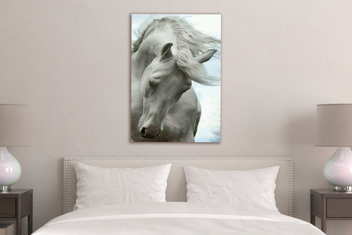 White Horse Flowing Mane Glass Wall Art in a modern interior