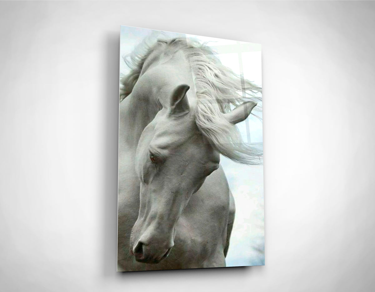 White Horse Flowing Mane Glass Wall Art close-up