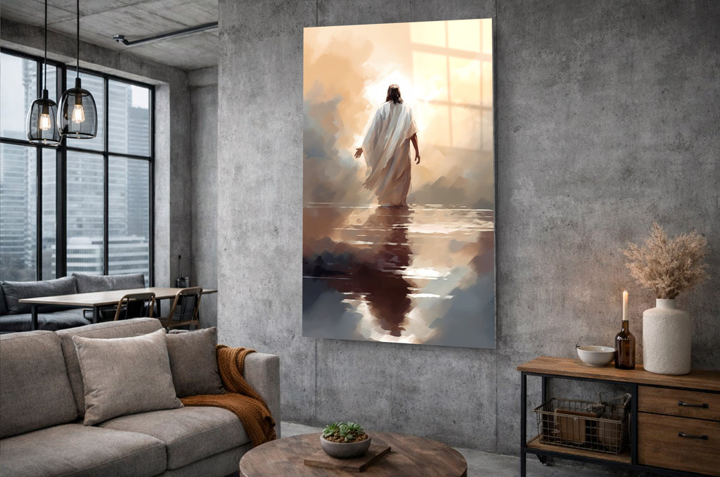 Jesus Walking on Water Glass Wall Art in a living room interior