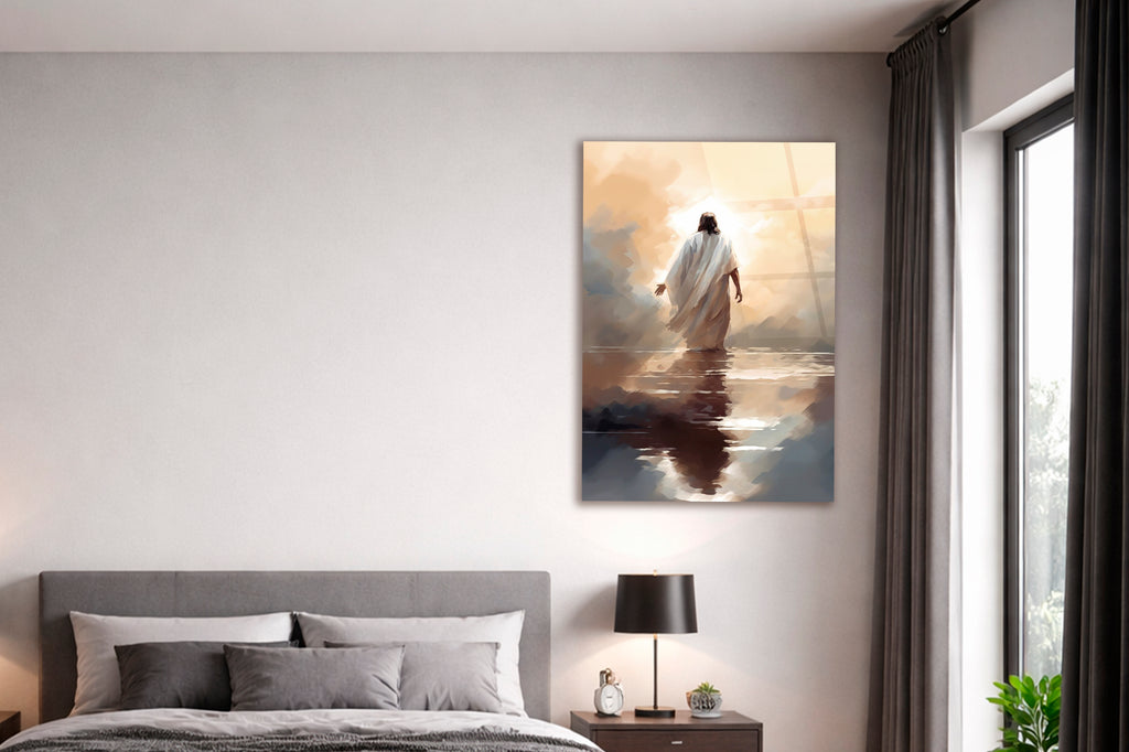 Jesus Walking on Water Glass Wall Art in a modern interior