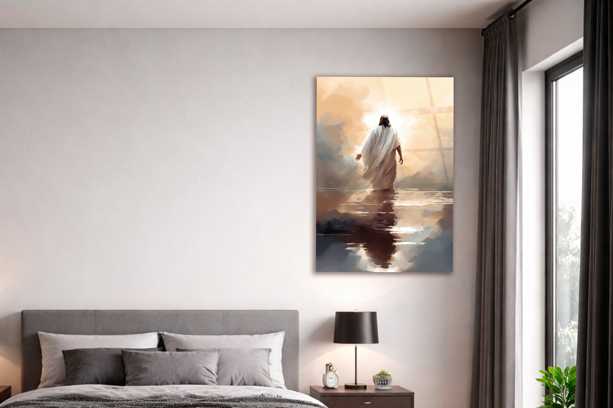 Jesus Walking on Water Glass Wall Art in a modern interior