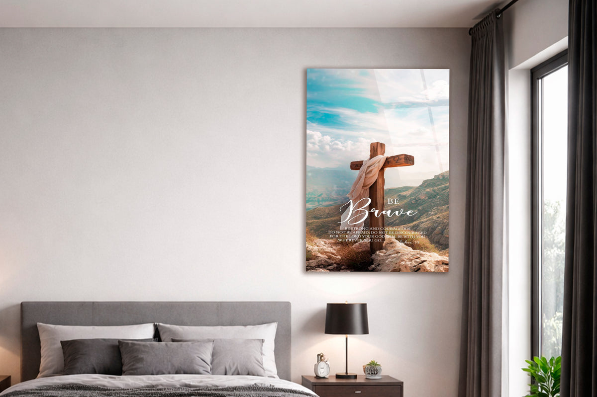 Be Brave Cross Bible Verse Glass Wall Art in a living room interior