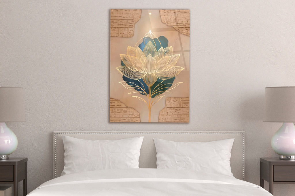 Golden Lotus on Ancient Stone Glass Wall Art in a living room interior