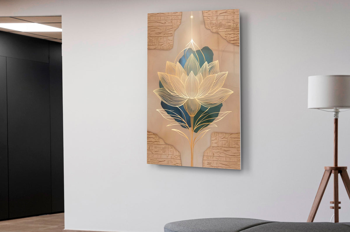 Golden Lotus on Ancient Stone Glass Wall Art in a modern interior