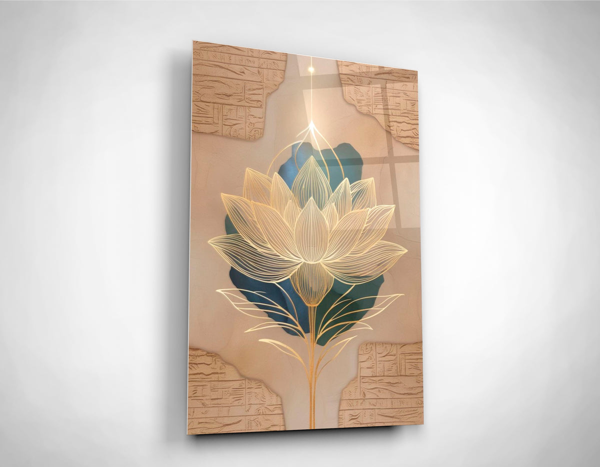 Golden Lotus on Ancient Stone Glass Wall Art close-up