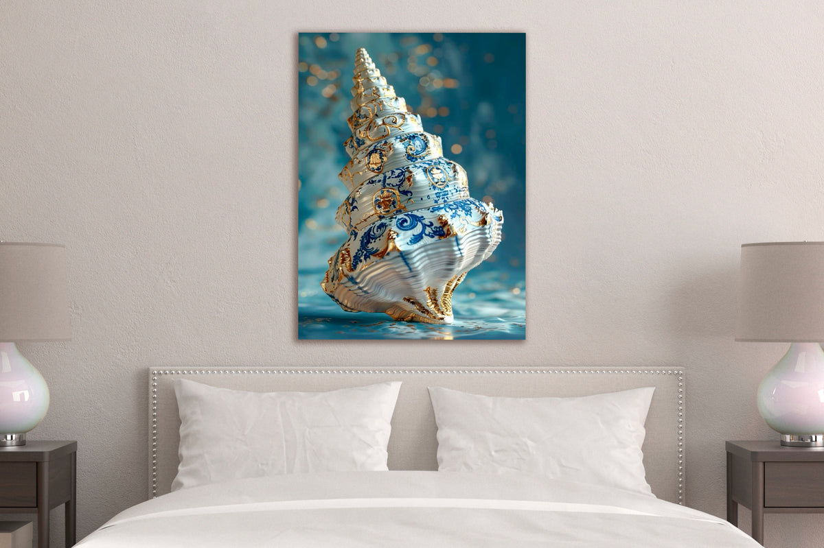 Blue and Gold Porcelain Seashell Glass Wall Art in a living room interior