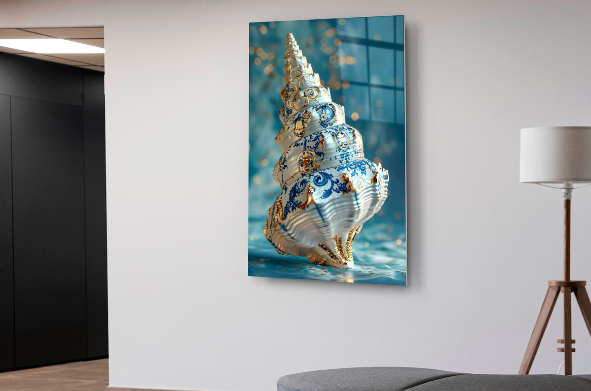 Blue and Gold Porcelain Seashell Glass Wall Art in a modern interior
