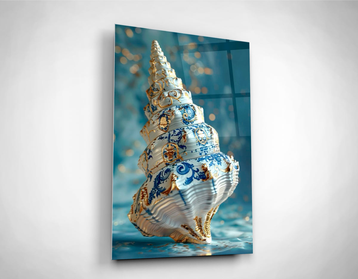 Blue and Gold Porcelain Seashell Glass Wall Art close-up