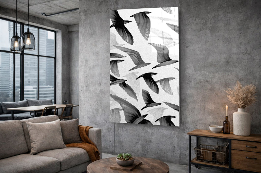 Black and White Flying Birds Glass Wall Art in a living room interior