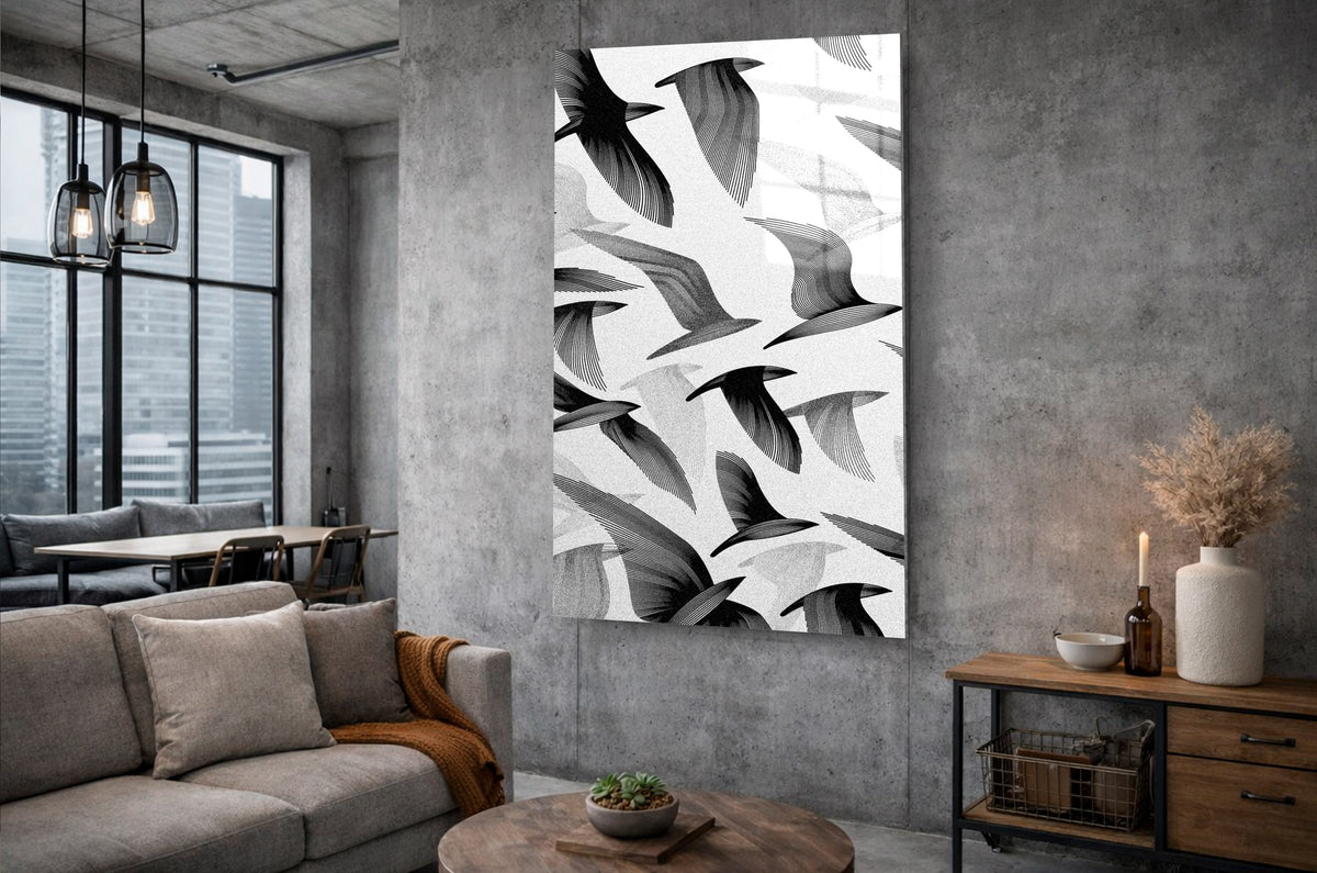 Black and White Flying Birds Glass Wall Art in a living room interior