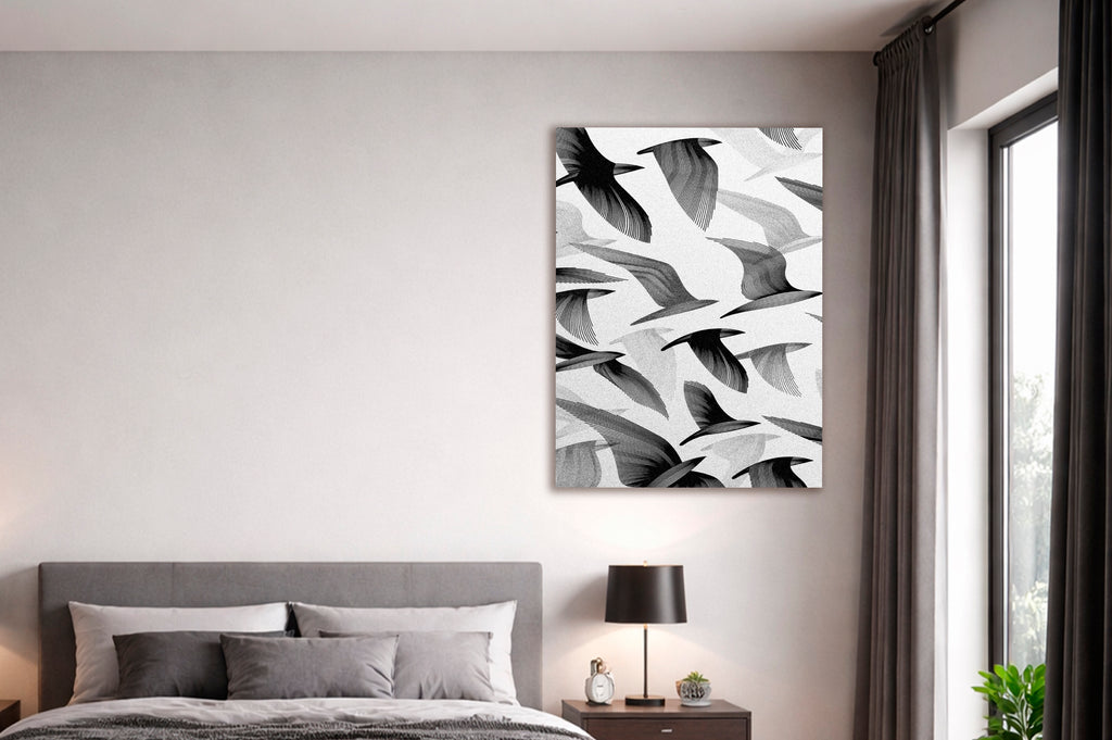 Black and White Flying Birds Glass Wall Art in a modern interior