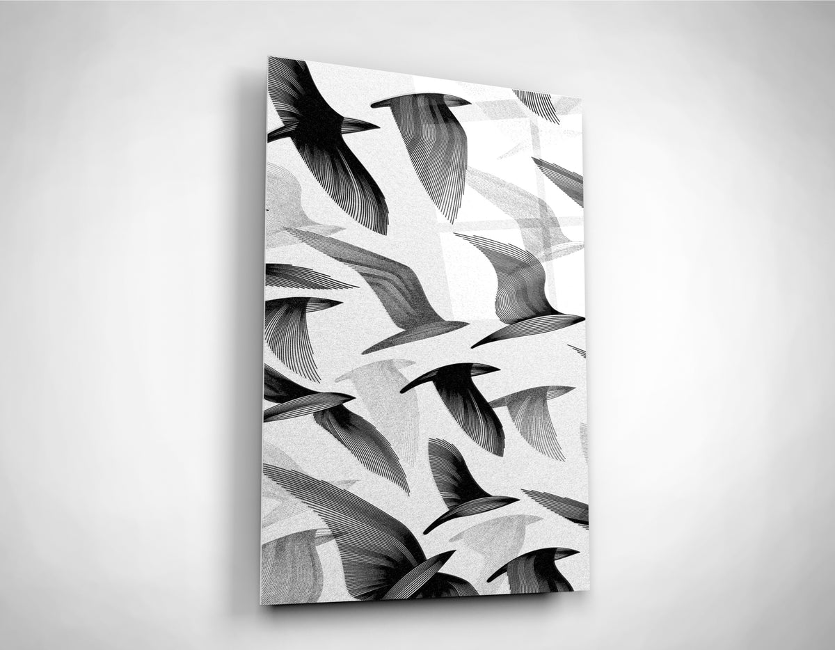 Black and White Flying Birds Glass Wall Art close-up