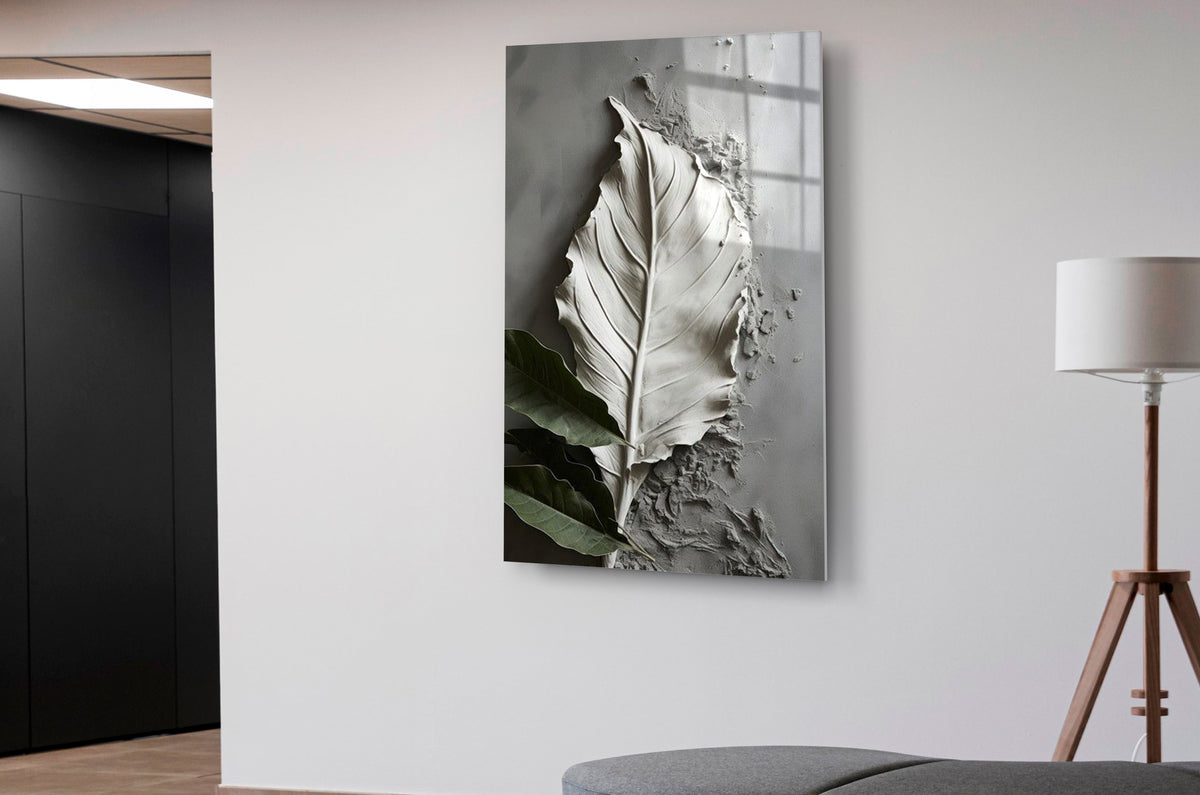 White Sculpted Leaf Relief Glass Wall Art in a living room interior