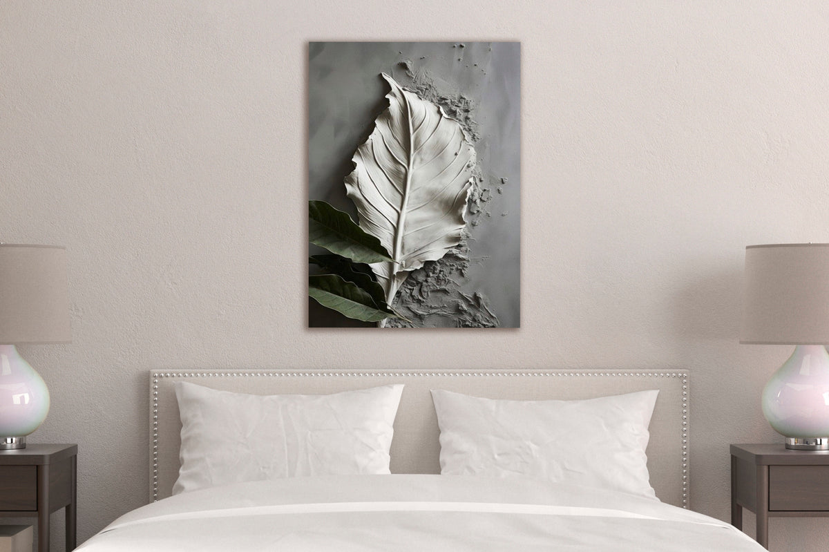White Sculpted Leaf Relief Glass Wall Art in a modern interior