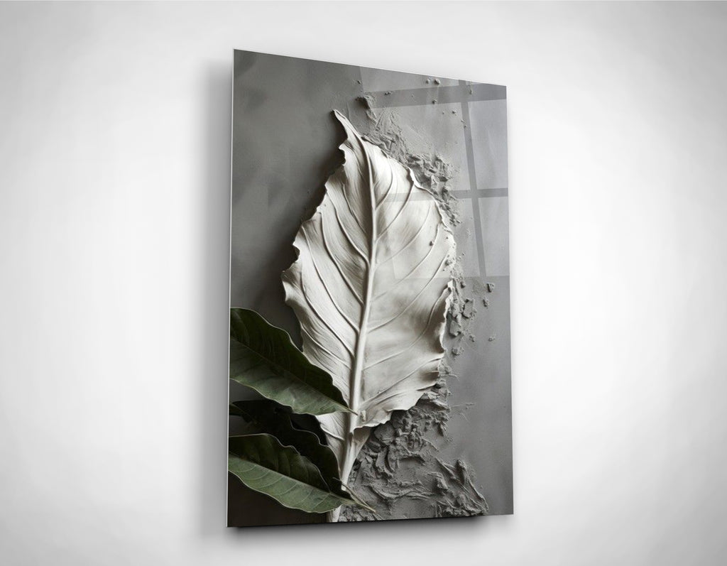 White Sculpted Leaf Relief Glass Wall Art close-up