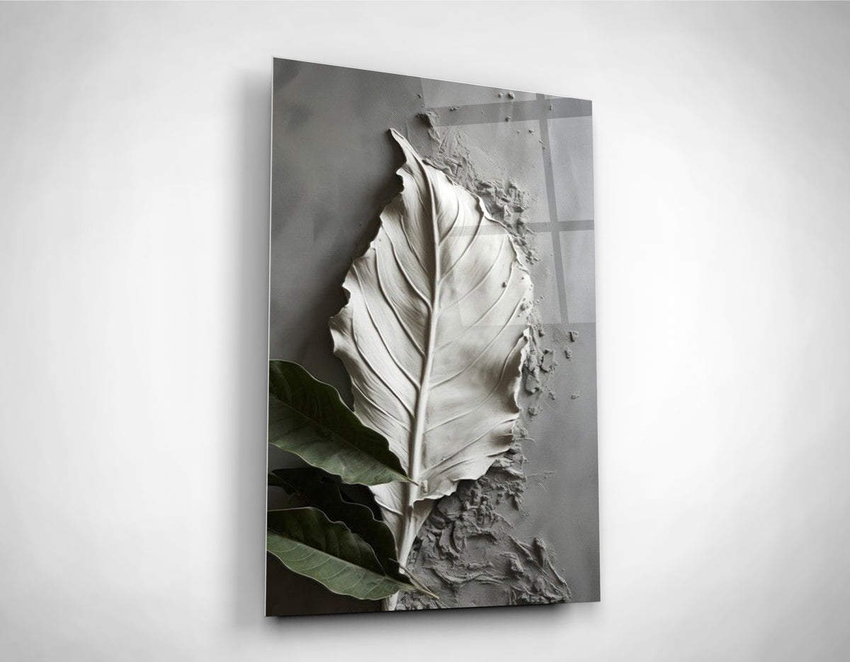 White Sculpted Leaf Relief Glass Wall Art close-up