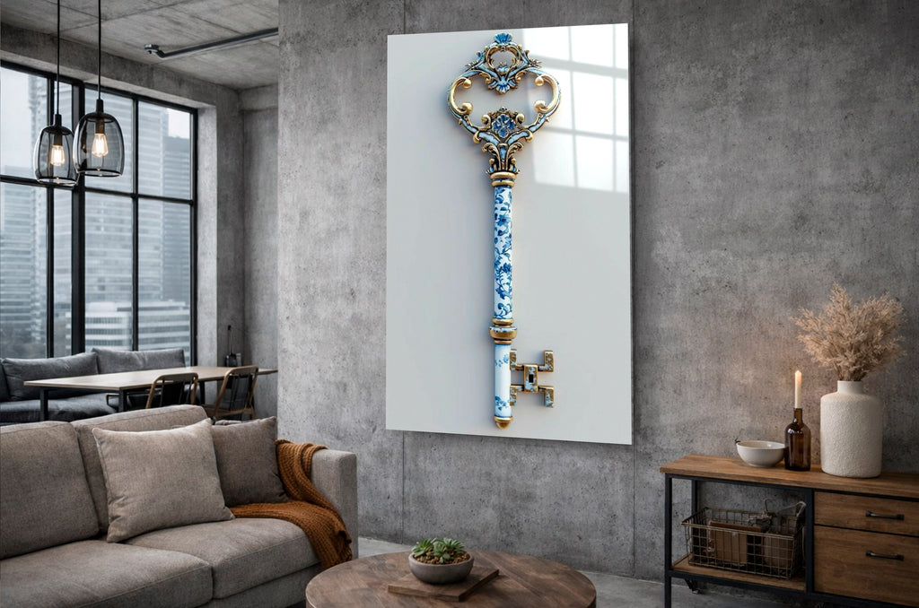 Blue Porcelain Vintage Key Glass Wall Art in a living room interior