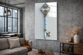 Blue Porcelain Vintage Key Glass Wall Art in a living room interior