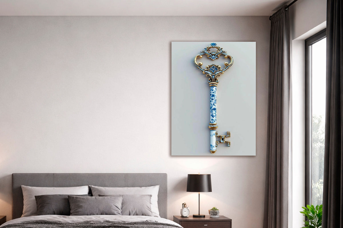 Blue Porcelain Vintage Key Glass Wall Art in a modern interior