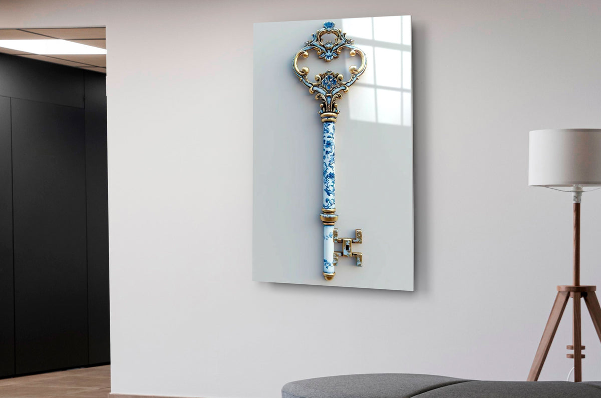 Blue Porcelain Vintage Key Glass Wall Art on the wall
