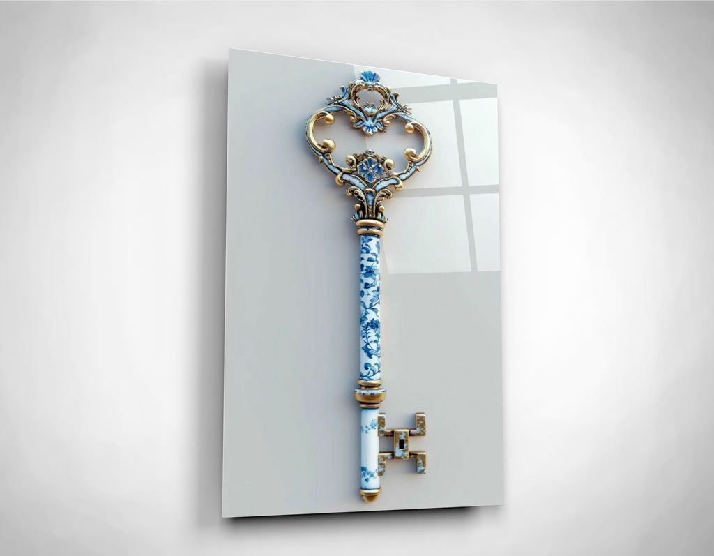 Blue Porcelain Vintage Key Glass Wall Art close-up