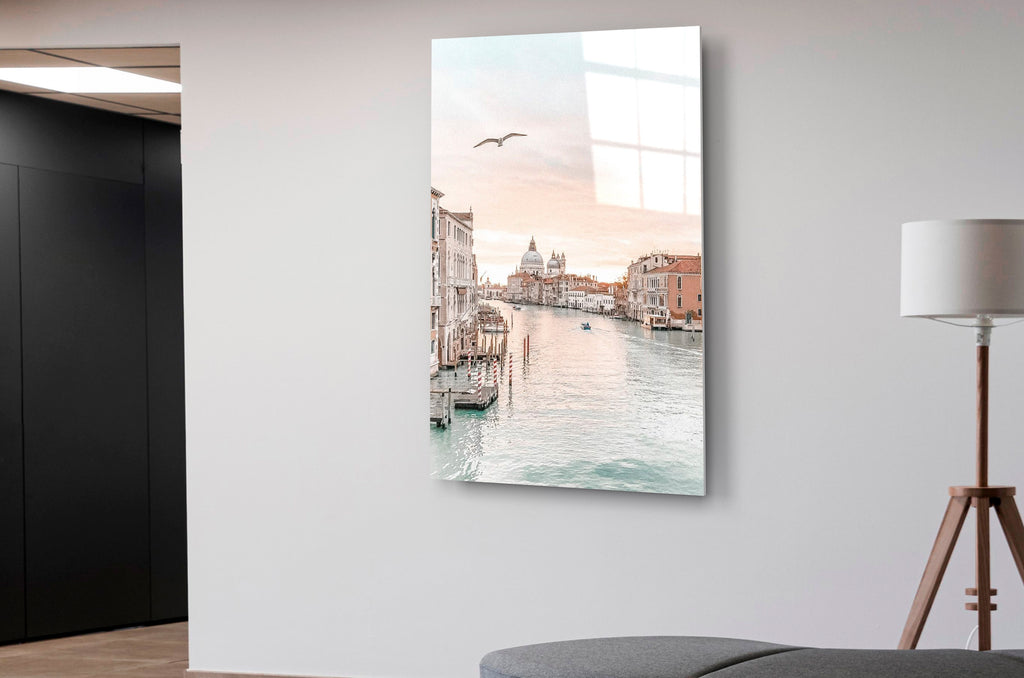Venice Grand Canal at Dawn Glass Wall Art in a living room interior