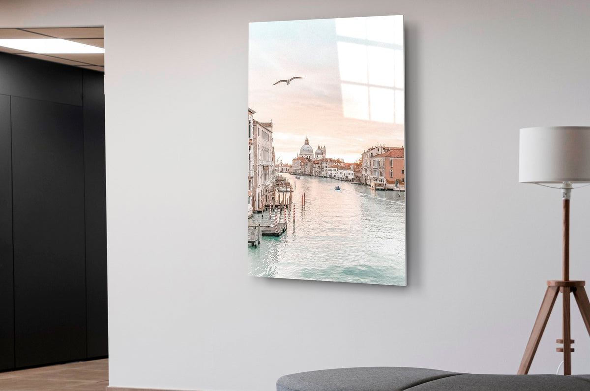 Venice Grand Canal at Dawn Glass Wall Art in a living room interior