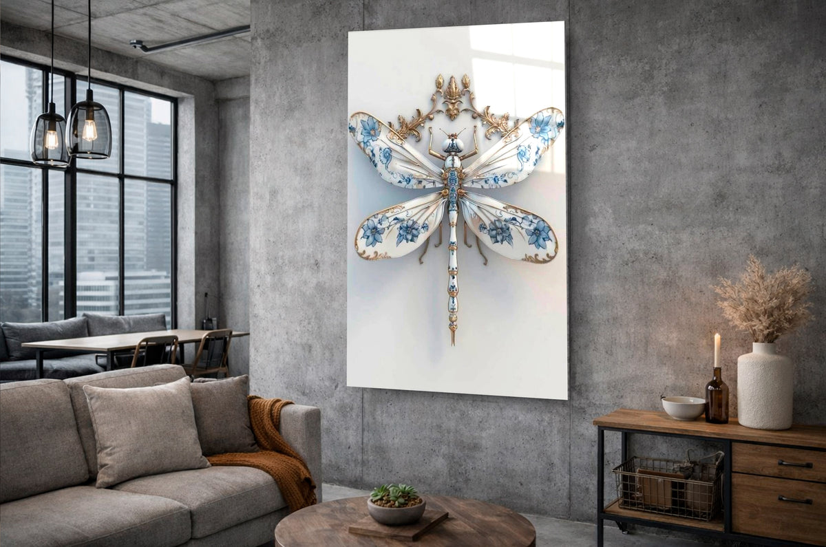 Blue Porcelain Dragonfly Glass Wall Art in a living room interior