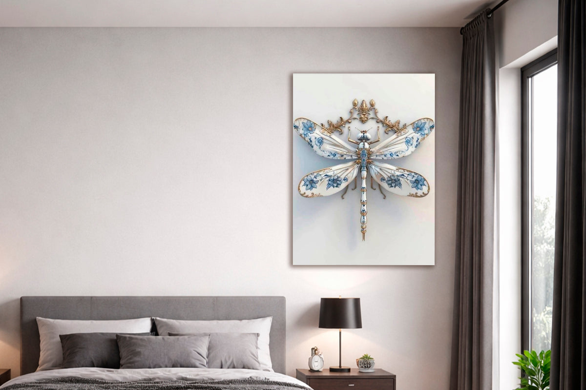 Blue Porcelain Dragonfly Glass Wall Art in a modern interior