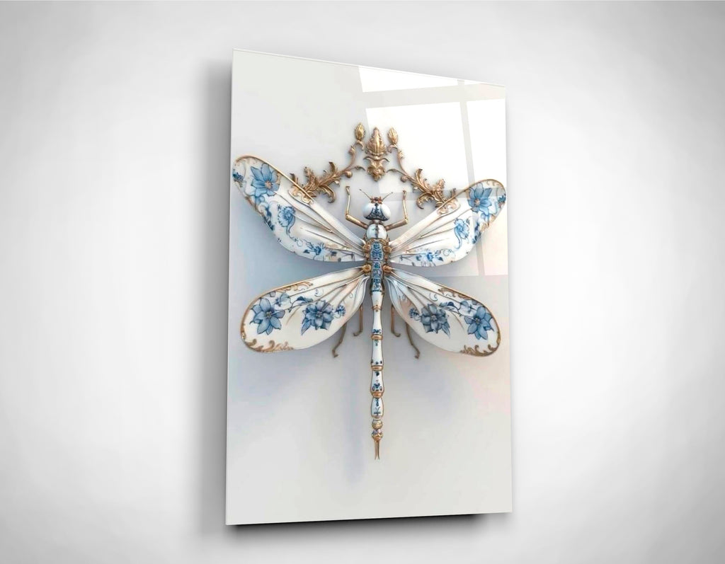 Blue Porcelain Dragonfly Glass Wall Art close-up