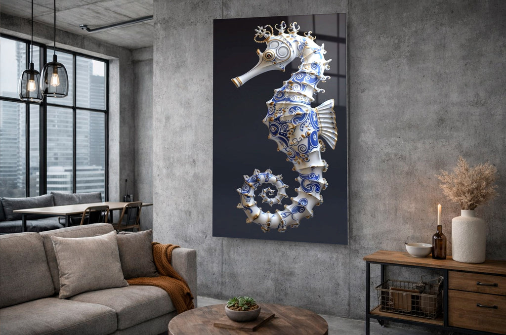 Blue Porcelain Seahorse Glass Wall Art in a living room interior