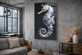 Blue Porcelain Seahorse Glass Wall Art in a living room interior