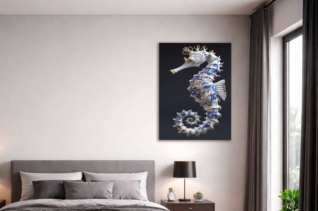 Blue Porcelain Seahorse Glass Wall Art in a modern interior