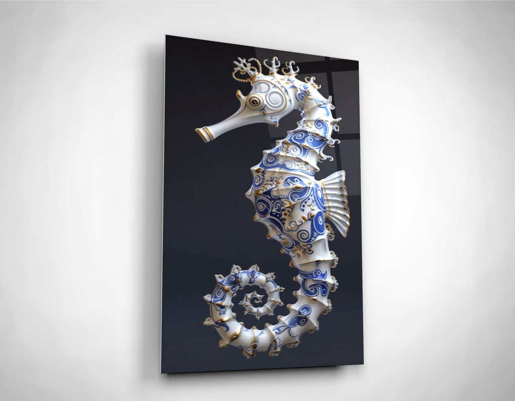 Blue Porcelain Seahorse Glass Wall Art close-up