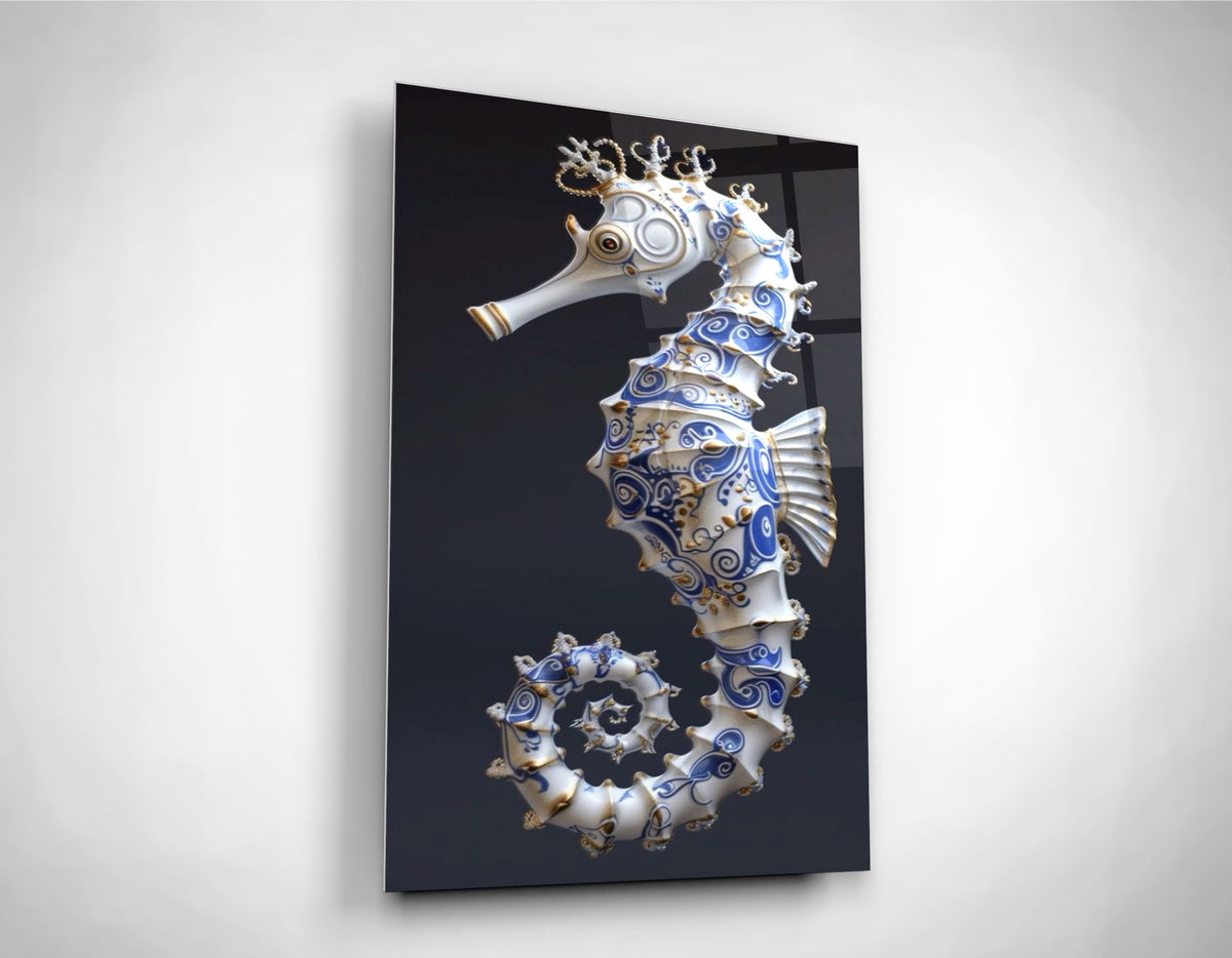 Blue Porcelain Seahorse Glass Wall Art close-up