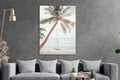 Palm Tree Beach Swing Glass Wall Art in a living room interior