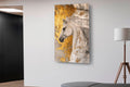 White Horse with Gold Leaf Glass Wall Art in a living room interior