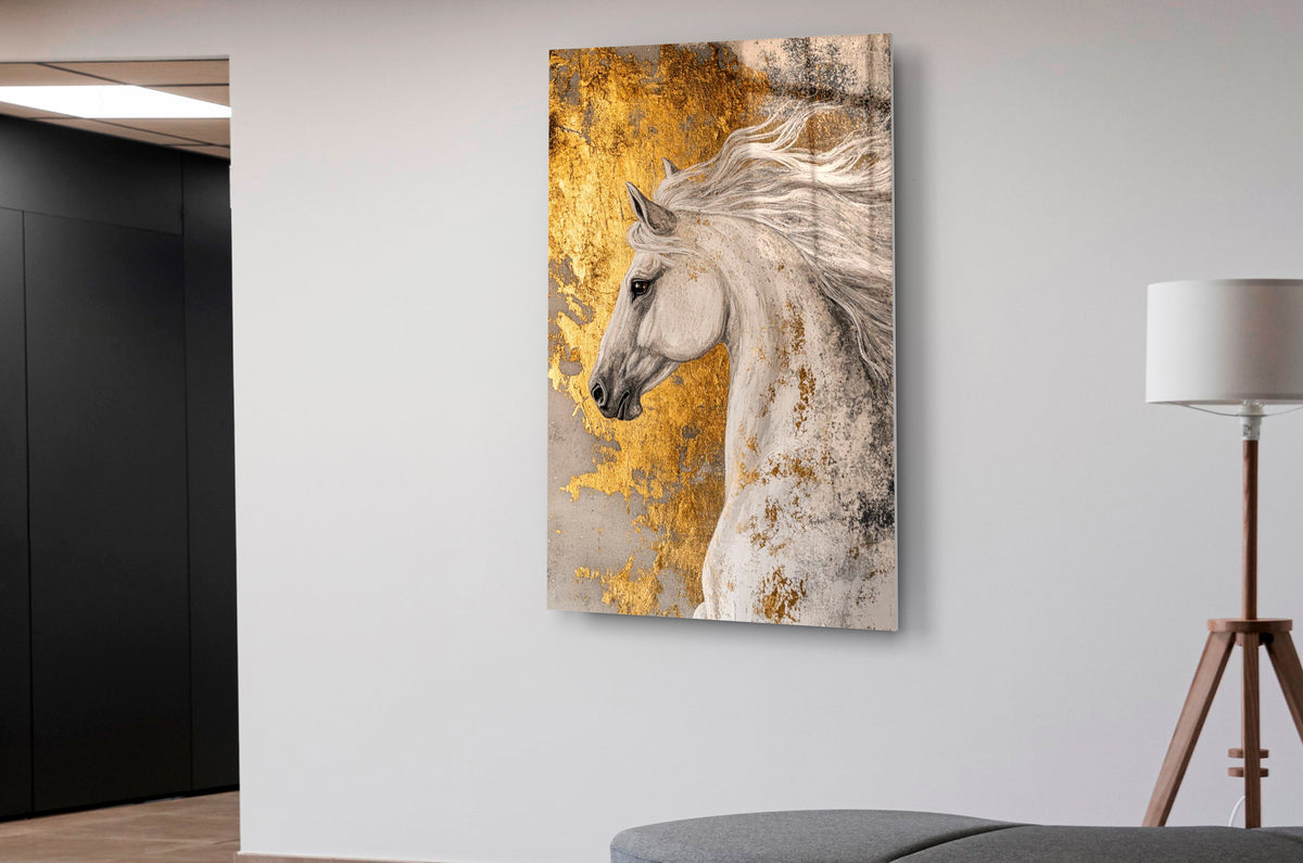 White Horse with Gold Leaf Glass Wall Art in a living room interior