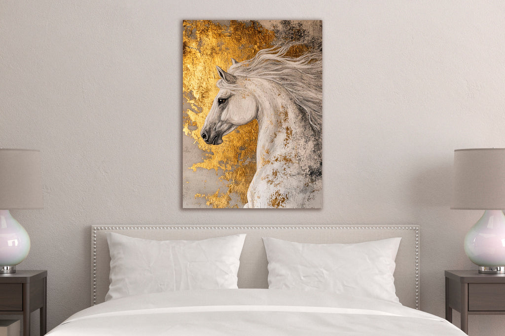 White Horse with Gold Leaf Glass Wall Art in a modern interior