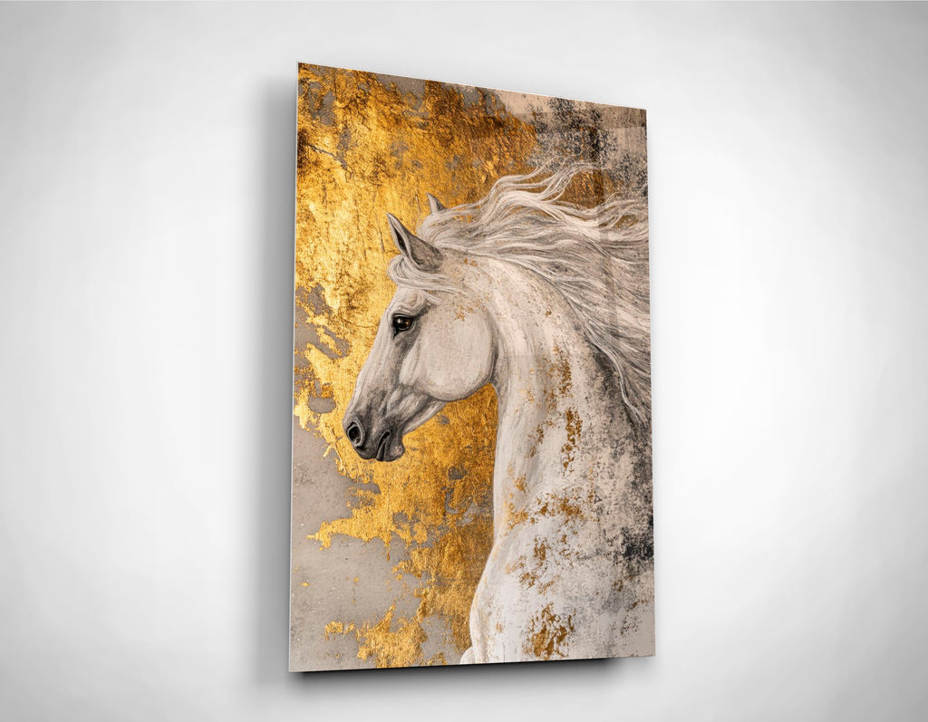 White Horse with Gold Leaf Glass Wall Art close-up