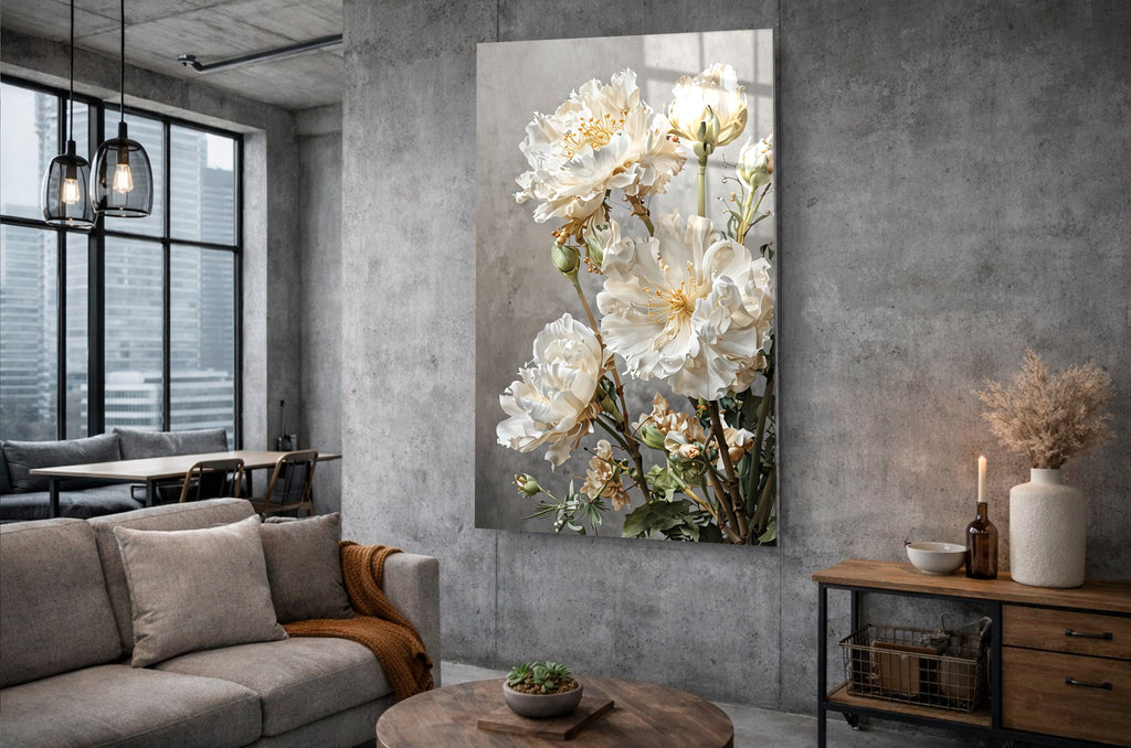 White Peonies on Gray Glass Wall Art in a living room interior