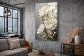 White Peonies on Gray Glass Wall Art in a living room interior